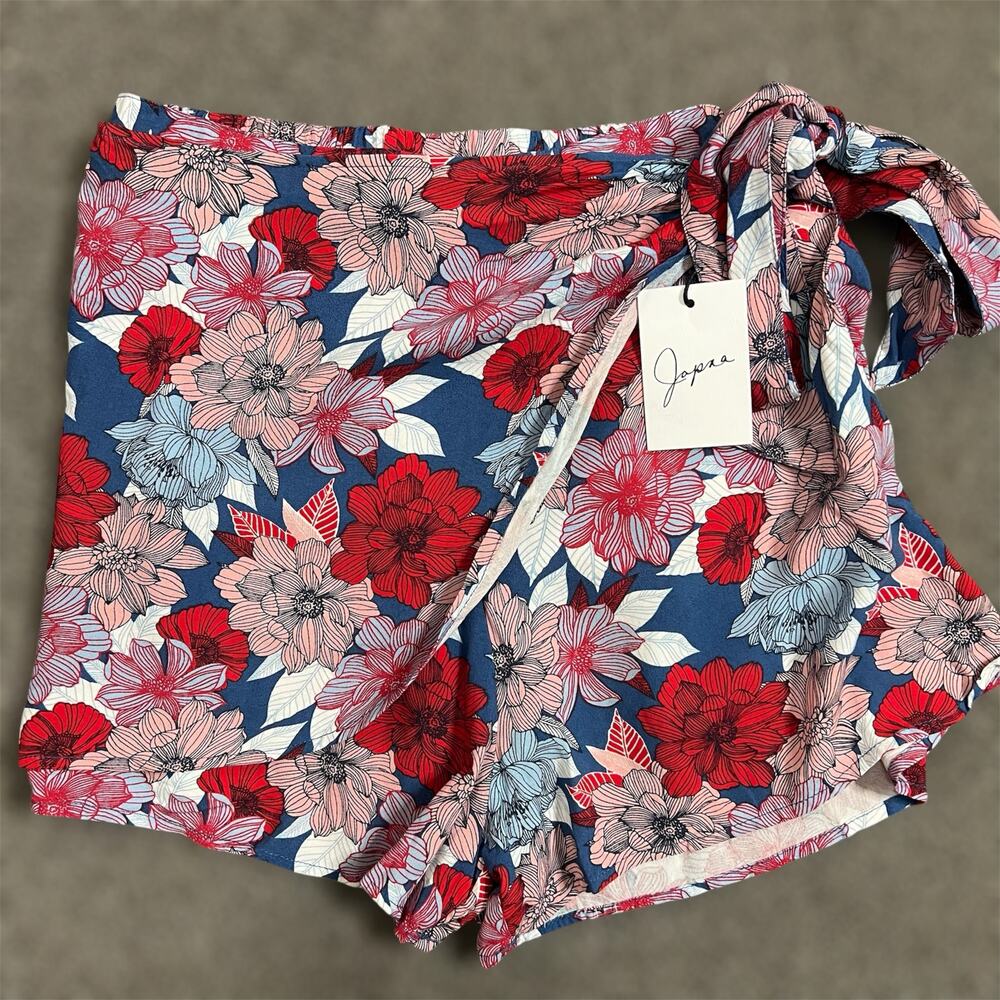 Japna Shorts Womens Small Faux Wrap Tie Pull On Floral Skort Red Blue Girly New
